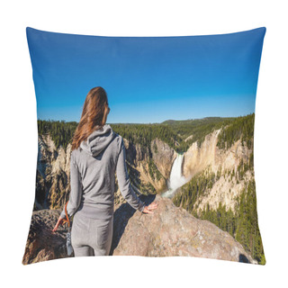 Personality  Woman Tourist With Camera Overlooking Lower Falls Waterfall In The Grand Canyon Of Yellowstone National Park, Wyoming, USA Pillow Covers