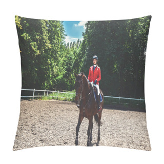 Personality  Young Pretty Jockey Girl Preparing Horse For Ride. Love Horses. Girl Riding A Horse Pillow Covers