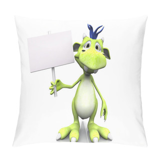 Personality  A Cute Friendly Cartoon Monster Holding A Blank Sign In His Hand. The Monster Is Green With Blue Hair. White Background. Pillow Covers