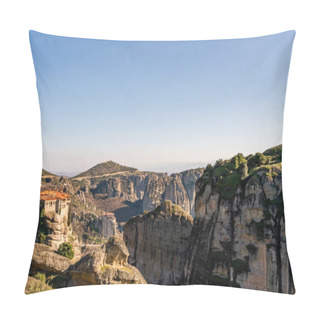 Personality  Orthodox Monastery On Rock Formations Against Blue Sky In Meteora  Pillow Covers