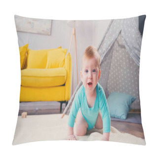 Personality  Happy Infant Boy Crawling On Blanket Near Tipi In Living Room  Pillow Covers