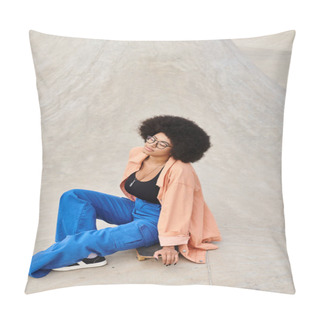Personality  Stylish Young African American Woman With Curly Hair Sits On A Skateboard In A Vibrant Urban Skate Park. Pillow Covers