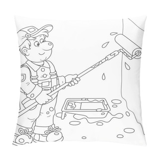 Personality  Smiling House Painter Coloring A Wall With A Paint Roller, A Black And White Vector Illustration In Cartoon Style For A Coloring Book Pillow Covers