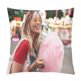 Personality  Image Of Cheery Blonde Woman Eating Sweet Cotton Candy While Wal Pillow Covers