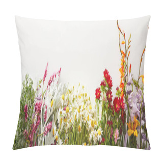 Personality  Panoramic Shot Of Bunches Of Diverse Wildflowers On White Background With Copy Space Pillow Covers