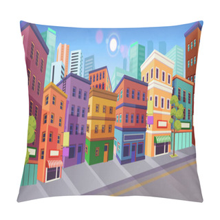 Personality  Panorama City Building Houses With Shops And The Road: Boutique, Cafe.Vector Illustration In Cartooon Style. Pillow Covers