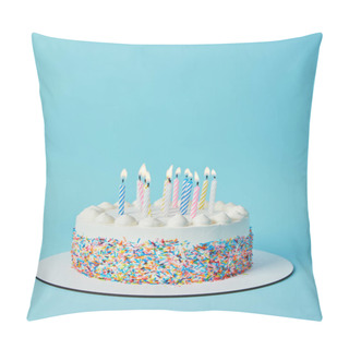 Personality  Tasty Birthday Cake With Lighting Candles On Blue Background Pillow Covers