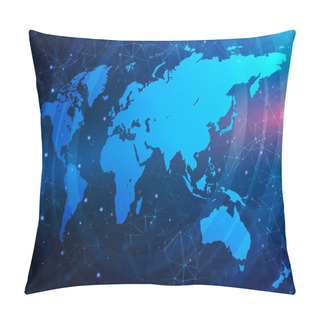 Personality  Illustration With World Map And Global Connections Network Grid On Blue Background Pillow Covers