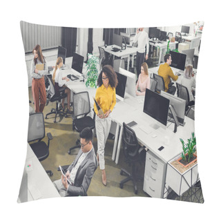 Personality  High Angle View Of Professional Young Businesspeople Working With Computers And Documents In Open Space Office   Pillow Covers