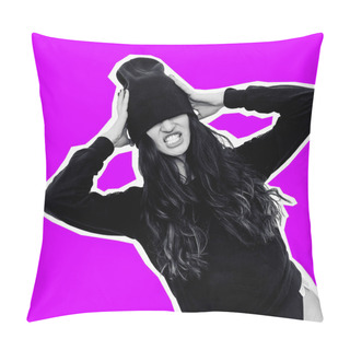 Personality  Brunette Model In Black Clothing And Beanie Cap. Fashion Tomboy  Pillow Covers