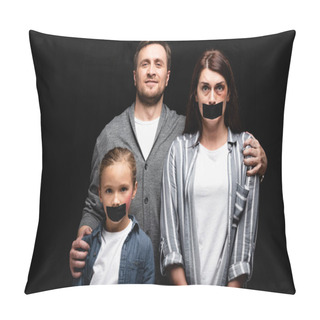 Personality  Smiling Abuser Hugging Wife And Daughter With Bruises And Adhesive Tapes Isolated On Black   Pillow Covers