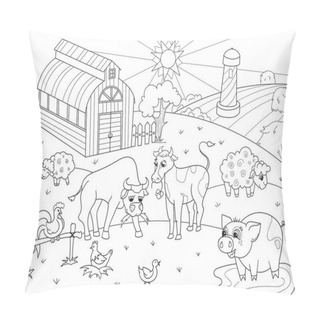 Personality  Farm Animals And Rural Landscape Coloring Vector For Adults Pillow Covers