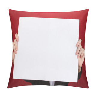 Personality  Woman Holding Blank Sign In Front Her Face, On Color Background Pillow Covers