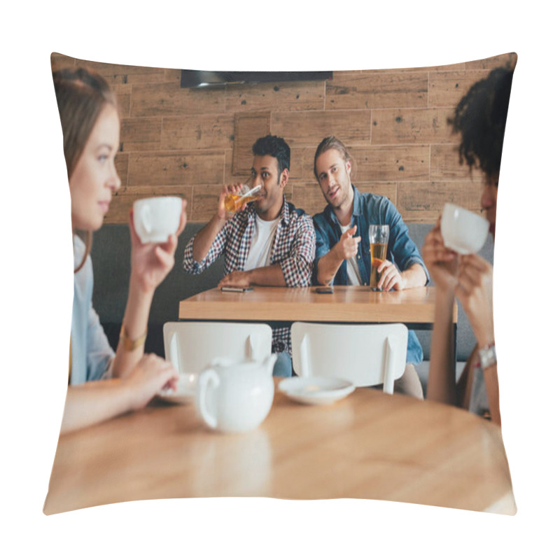Personality  Multiethnic people sitting in cafe pillow covers