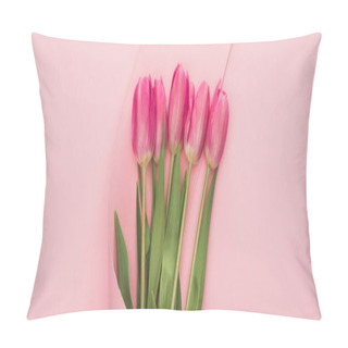 Personality  Top View Of Pink Tulips Wrapped In Paper Swirl On Pink Background Pillow Covers