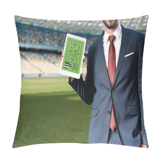 Personality  Cropped View Of Smiling Young Businessman In Suit Holding Digital Tablet With Formation On Screen At Stadium Pillow Covers