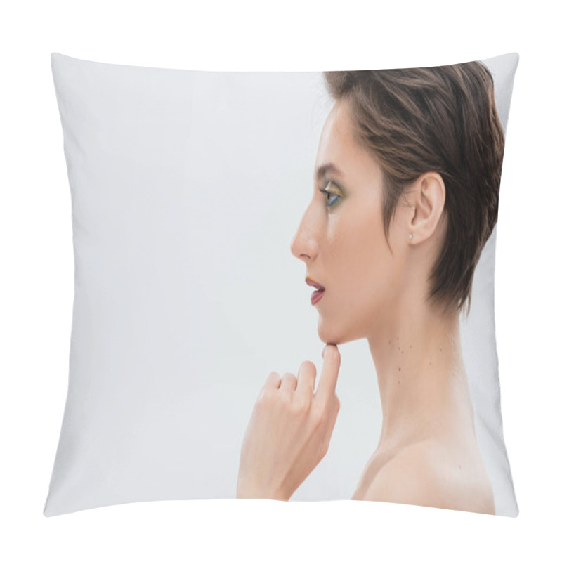 Personality  Side View Of Young Woman With Bright Makeup Touching Chin Isolated On Grey Pillow Covers