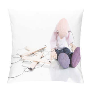 Personality  Wooden Puppet Sitting Isolated On White Pillow Covers