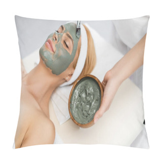 Personality  High Angle View Of Beautician Applying Clay Mask On Face Of Woman Lying On Massage Table Pillow Covers