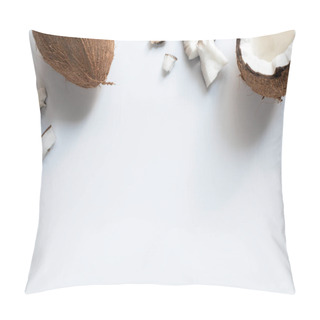 Personality  Top View Of Whole And Cracked Tasty Coconut Half And Pieces On White Background Pillow Covers