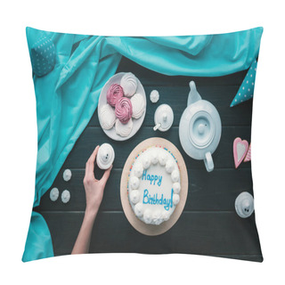 Personality  Woman Putting Cupcake On Birthday Table Pillow Covers