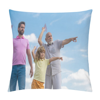 Personality  Grandfather Father And Son Playing With Toy Plane Outdoors On Sky. Happy Family. Three Men Generation. Happy Childhood. Journey Travel Trip Concept. Pillow Covers