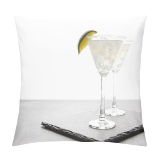 Personality  Close Up View Of Alcohol Cocktails With Lime On Grey Surface On White Pillow Covers
