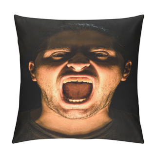 Personality  Horror Scene With Screaming Scary Human Face With A Harsh Light On A Black Background - Halloween Concept With Young Man With Open Mouth And Teeth Pillow Covers