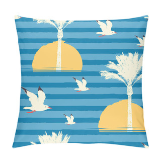 Personality  Tropical Seamless Pattern With Seagulls, Silhouettes Of Palm Trees And Yellow Rising Sun On A Blue Striped Sea Backdrop. Vector Summer Background, Wallpaper, Wrapping Paper, Fabric Pillow Covers