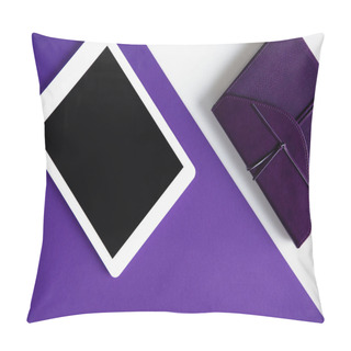 Personality  Top View Of Tablet And Notebook On White And Purple Surface Pillow Covers