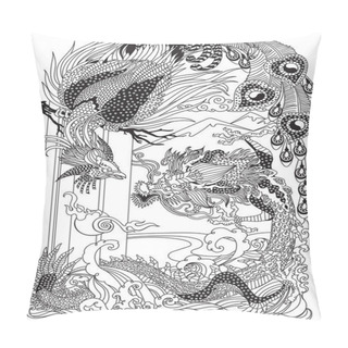 Personality  Jade Green Dragon And Gold Phoenix Feng Huang Playing A Pearl. Two Celestial Mythological Creatures. Black And White Vector Illustration Inspired By A Chinese Folklore Legend Or Myth, Tale Pillow Covers