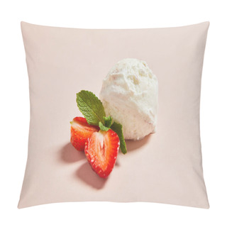 Personality  Fresh Tasty Ice Cream Ball With Strawberry And Mint On Pink Background Pillow Covers