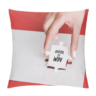 Personality  Cropped Of Woman Holding Jigsaw With Enter To Win Lettering Near Connected White Puzzle Pieces On Red Pillow Covers