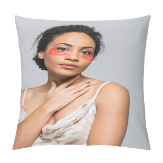 Personality  Pretty African American Woman In Eye Patches Looking At Camera Isolated On Grey  Pillow Covers