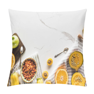 Personality  Top View Of Striped Towel Fruits And Vegetables Near Bowl With Sea Buckthorn On Marble Surface Pillow Covers