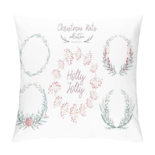 Personality  Watercolor Christmas Card With Wearth. Hand Drawing Christmas Decoration. Winter Holiday Design. Berry Wreath For Christmas Greeting Card. Pillow Covers
