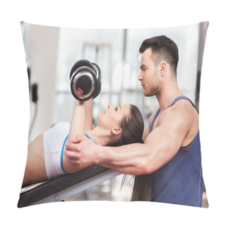 Personality  Personal Trainer Helping Woman Working With Dumbbells Pillow Covers