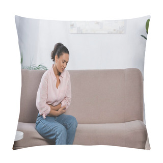 Personality  African American Woman Suffering From Abdominal Pain In Living Room  Pillow Covers