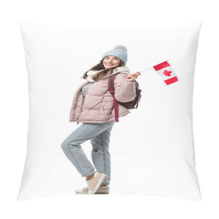 Personality  Happy Female Student In Winter Clothes With Canadian Flag Isolated On White, Studying Abroad Concept Pillow Covers