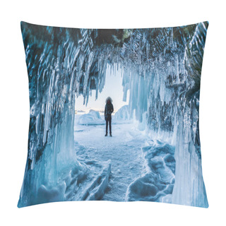 Personality  Travelling In Winter, A Man Standing On Frozen Lake Baikal With Ice Cave In Irkutsk Siberia, Russia Pillow Covers