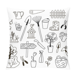 Personality  Set Of Gardening Doodles. Black And White Vector Illustration. Pillow Covers