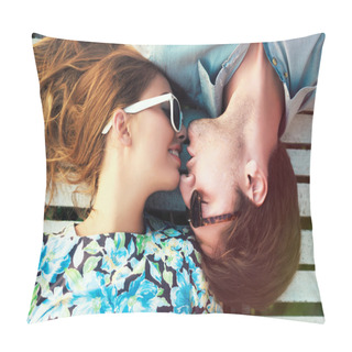Personality  Portrait Of Young Perfect Couple Lying Pillow Covers