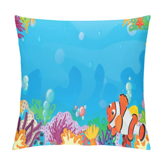 Personality  Cartoon Scene With Coral Reef With Happy And Cute Fish Swimming With Frame Space Text - Illustration For Children Pillow Covers