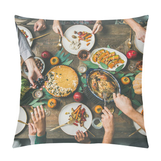 Personality  Thanksgiving, Friendsgiving Holiday Celebration. Flat-lay Of Friends Eating Meals At Thanksgiving Day Table With Turkey, Pumpkin Pie, Roasted Vegetables, Fruit, Rose Wine, Top View, Square Crop Pillow Covers