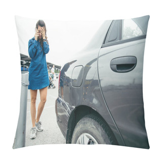Personality  Sad Woman Standing Near Car With Scratch Pillow Covers