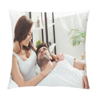 Personality  Happy Girlfriend Looking At Boyfriend Lying On Bed  Pillow Covers