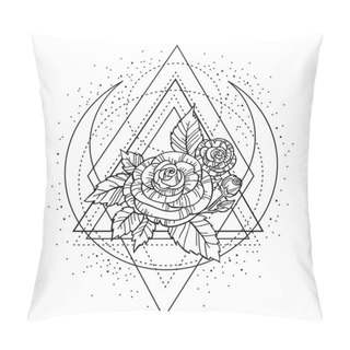 Personality  Rose Flower With Sacred Geometry Frame. Tattoo, Mystic Symbol. Boho Print, Poster, T-shirt. Textiles. Zen For Anti Stress Book. Hand-drawn, Retro Card Design. Isolated Vector Illustration. Pillow Covers