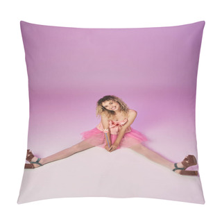 Personality  Happy Curly Tooth Fairy In Pink Dress Sitting On Floor And Holding Magic Wand In Her Hands Pillow Covers