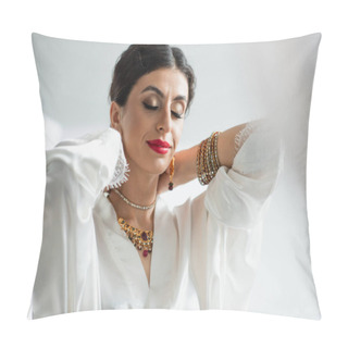 Personality  Indian Bride With Closed Eyes Wearing Necklace On White Pillow Covers