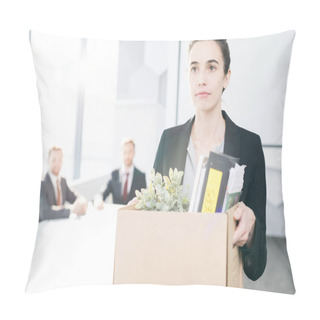 Personality  Waist Up Portrait Of Young Businesswoman Holding Box Of Personal Belongings  Leaving Office After Quitting Job Pillow Covers